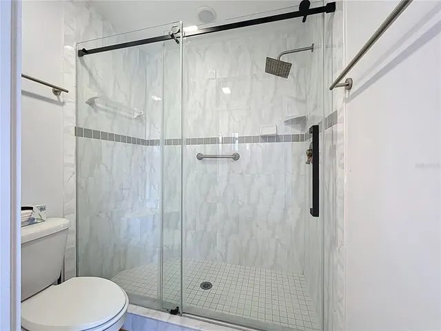 a bathroom with a shower and a toilet