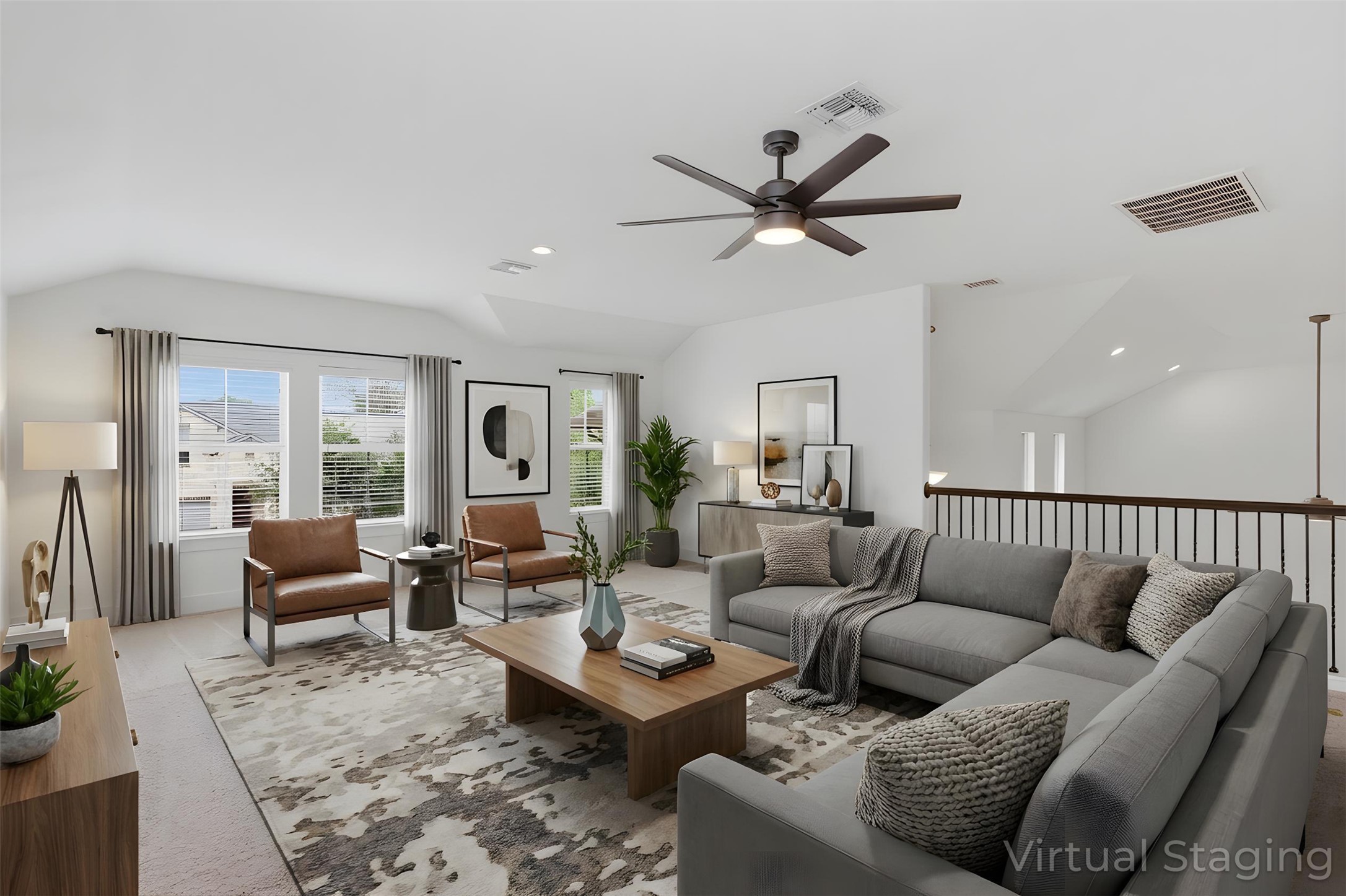 2004 Garretts Way Manchaca, TX 78652 - Photo 23 of 37 Spacious living area featuring a ceiling fan, abundant natural light from large windows, and a carpeted floor