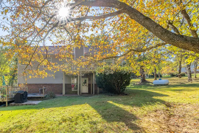 a view of a house with a yard and a large tree