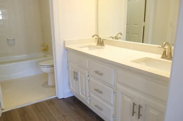 a bathroom with a granite countertop sink a toilet and a bathtub