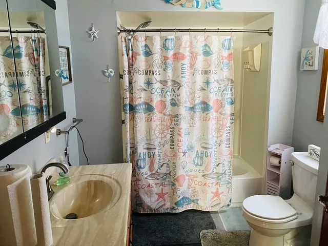 a bathroom with a sink toilet and shower