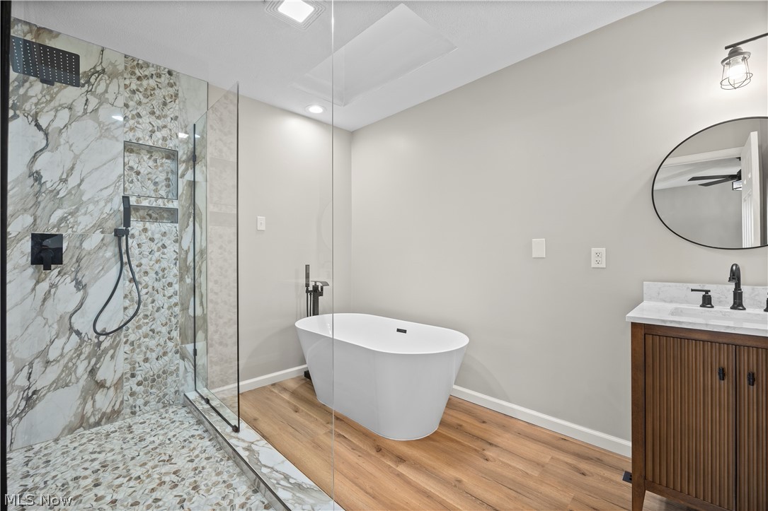 36220 Neff Road Grafton, OH 44044 - Photo 33 of 50 Full bathroom with vanity, light wood finished floors, a marble finish shower, a freestanding tub, and recessed lighting