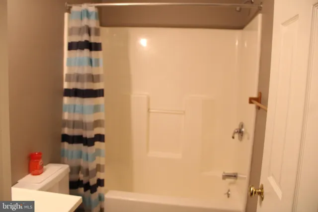 a bathroom with a shower and a toilet