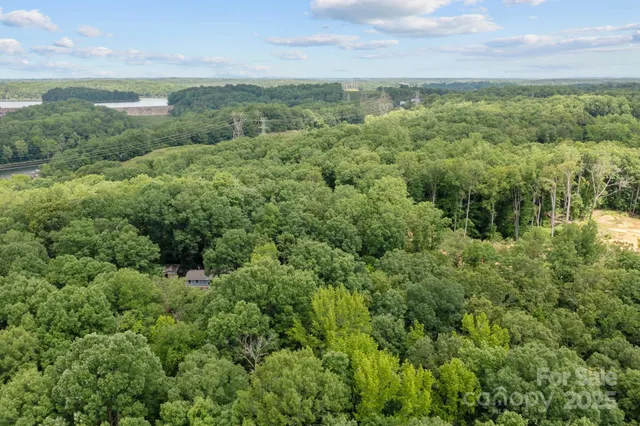 an aerial view of residential houses with outdoor space and trees