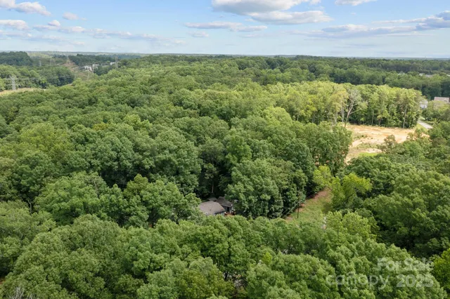 an aerial view of residential houses with outdoor space and trees