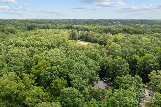 an aerial view of residential houses with outdoor space and trees