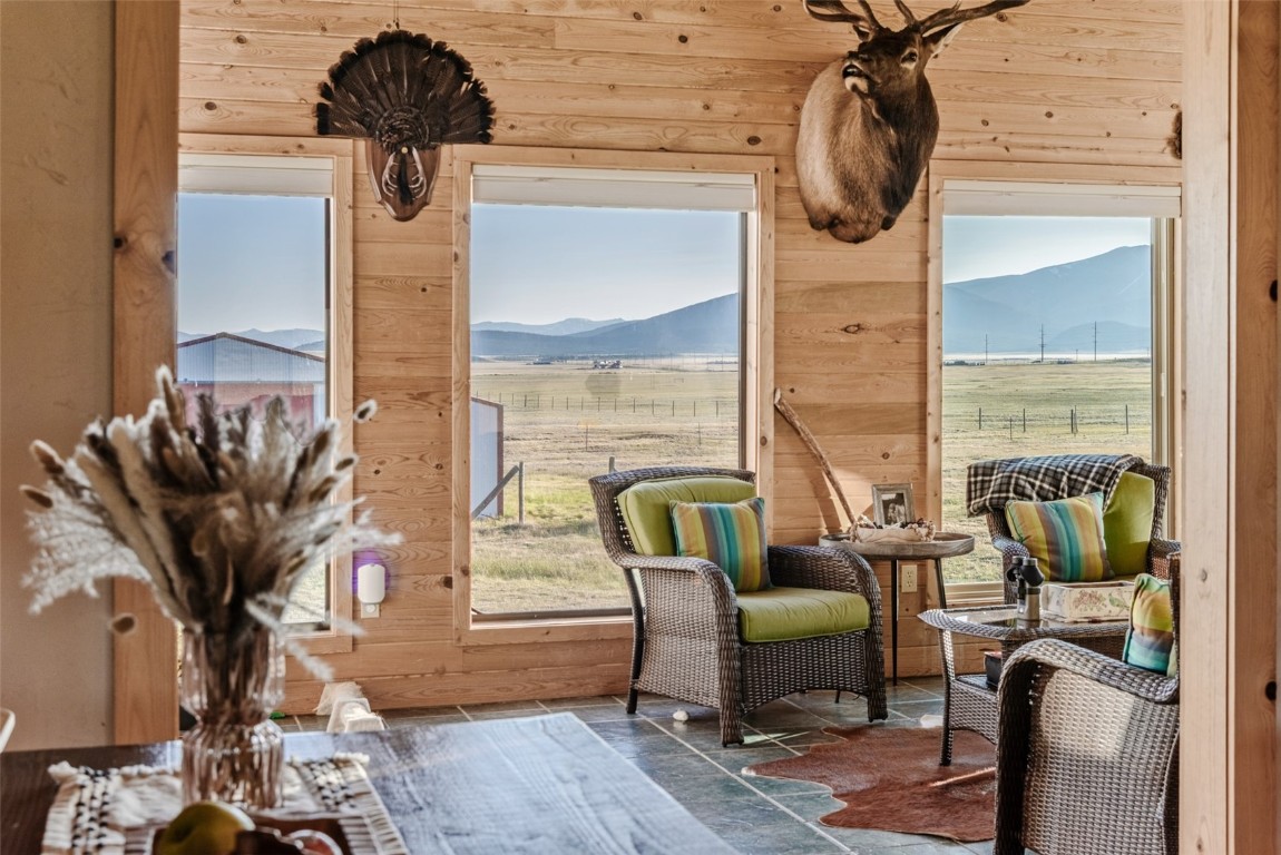 465 Litmer Road Jefferson, CO 80456 - Photo 12 of 50 Living area with wooden walls, plenty of natural light, a mountain view, and a view of rural / pastoral area
