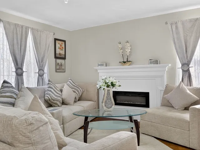 a living room with furniture a couch and a potted plant