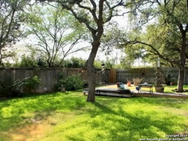 a view of a park with large trees