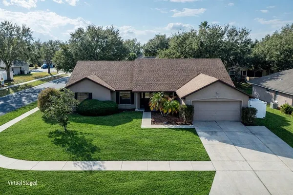 a aerial view of a house with garden