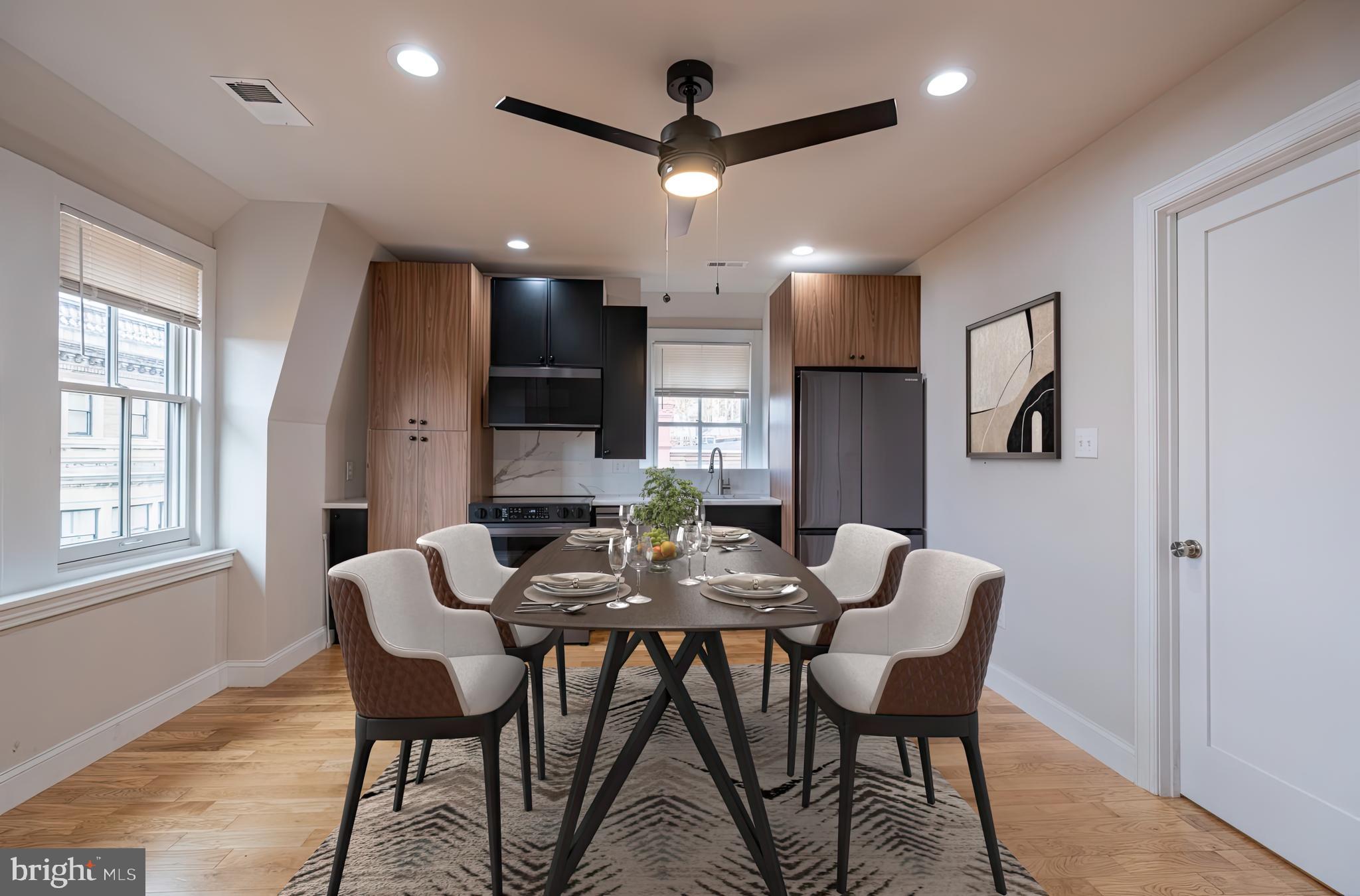 a view of a dining room with furniture