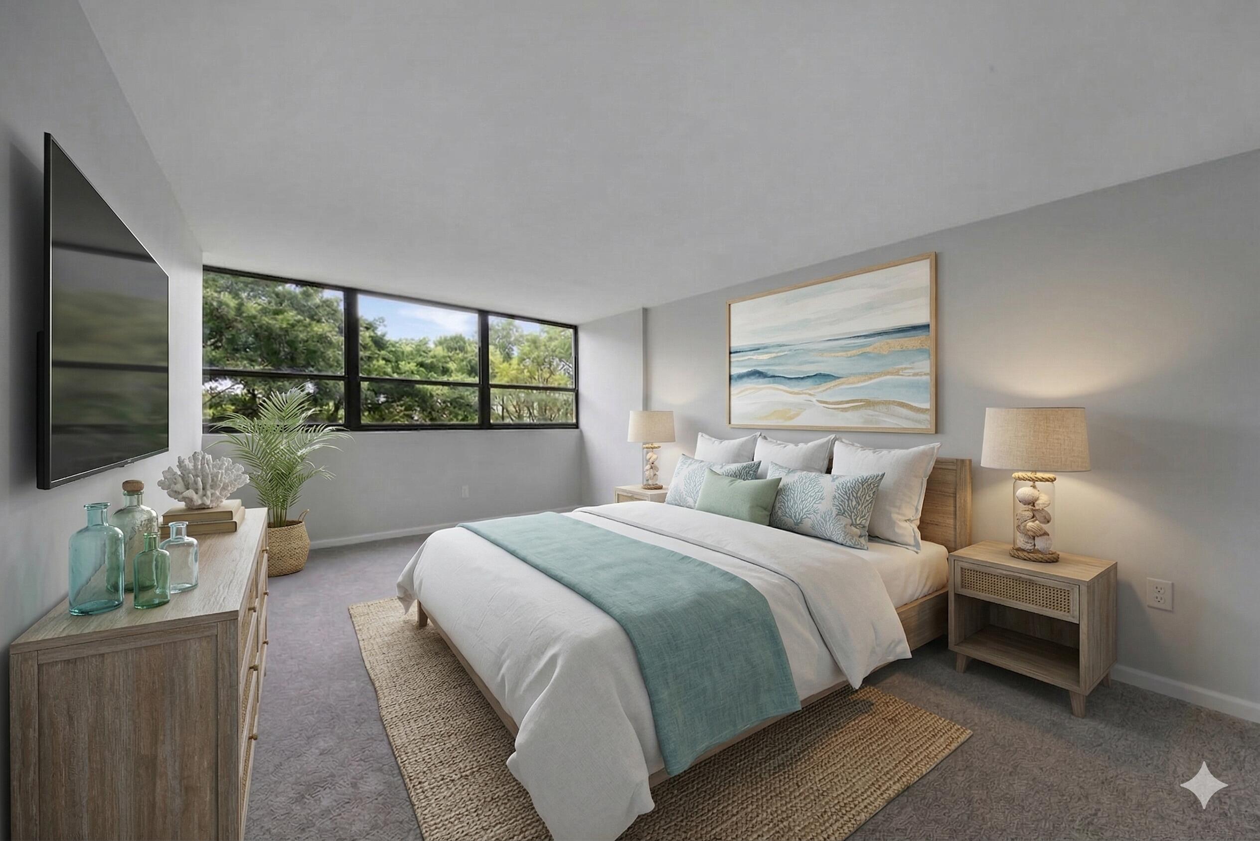 859 Jeffery Street, Unit 311 Boca Raton, FL 33487 - Photo 13 of 32 a bedroom with a large bed and a flat tv screen