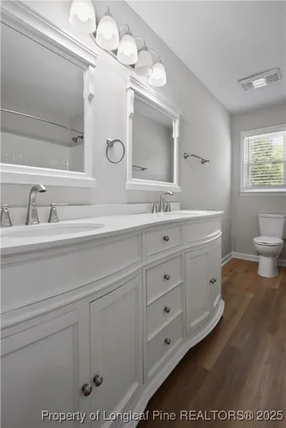 a bathroom with a double vanity sink mirror and toilet