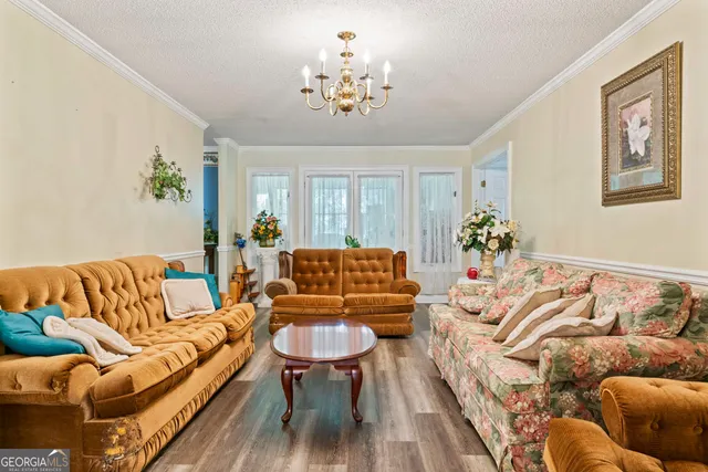 a living room with furniture flowerpot and a chandelier