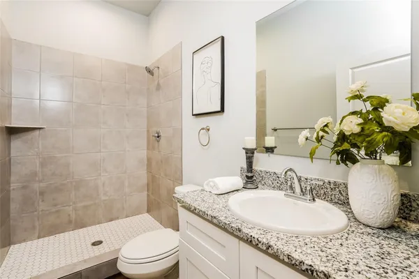 a bathroom with a granite countertop toilet a sink and shower
