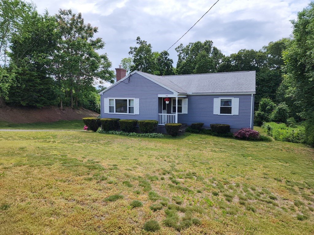 a view of a house with a yard and potted plants