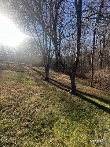a view of a yard with wooden fence