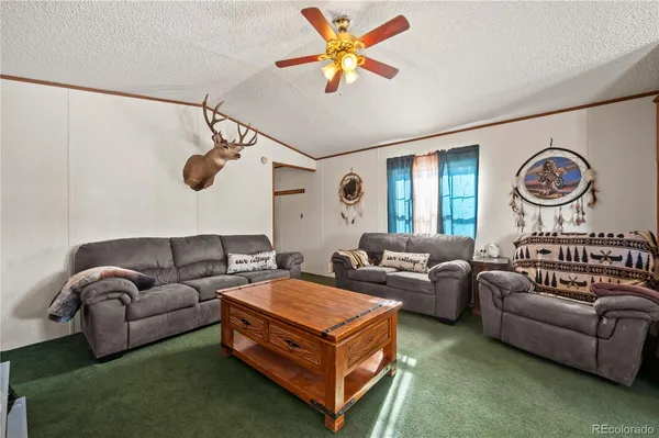 a living room with furniture and a bookshelf