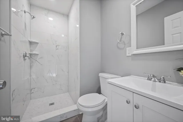 a bathroom with a shower and a toilet