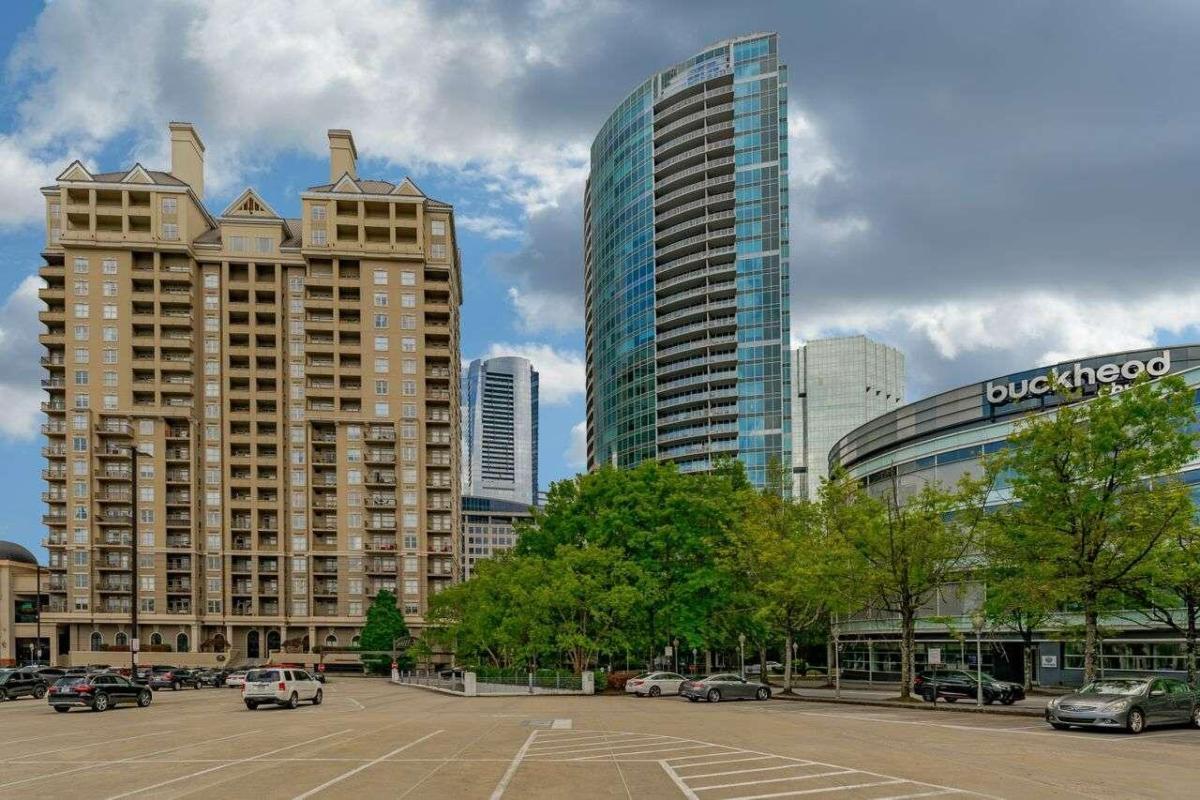 a city view with tall buildings