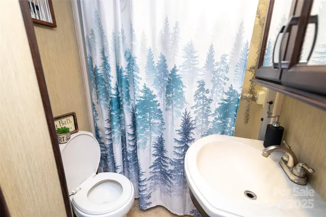 a bathroom with a toilet sink and mirror