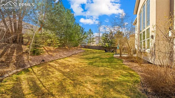 a view of yard with large trees
