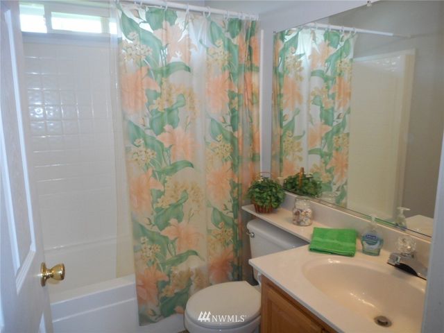 a bathroom with a sink a toilet and shower curtain