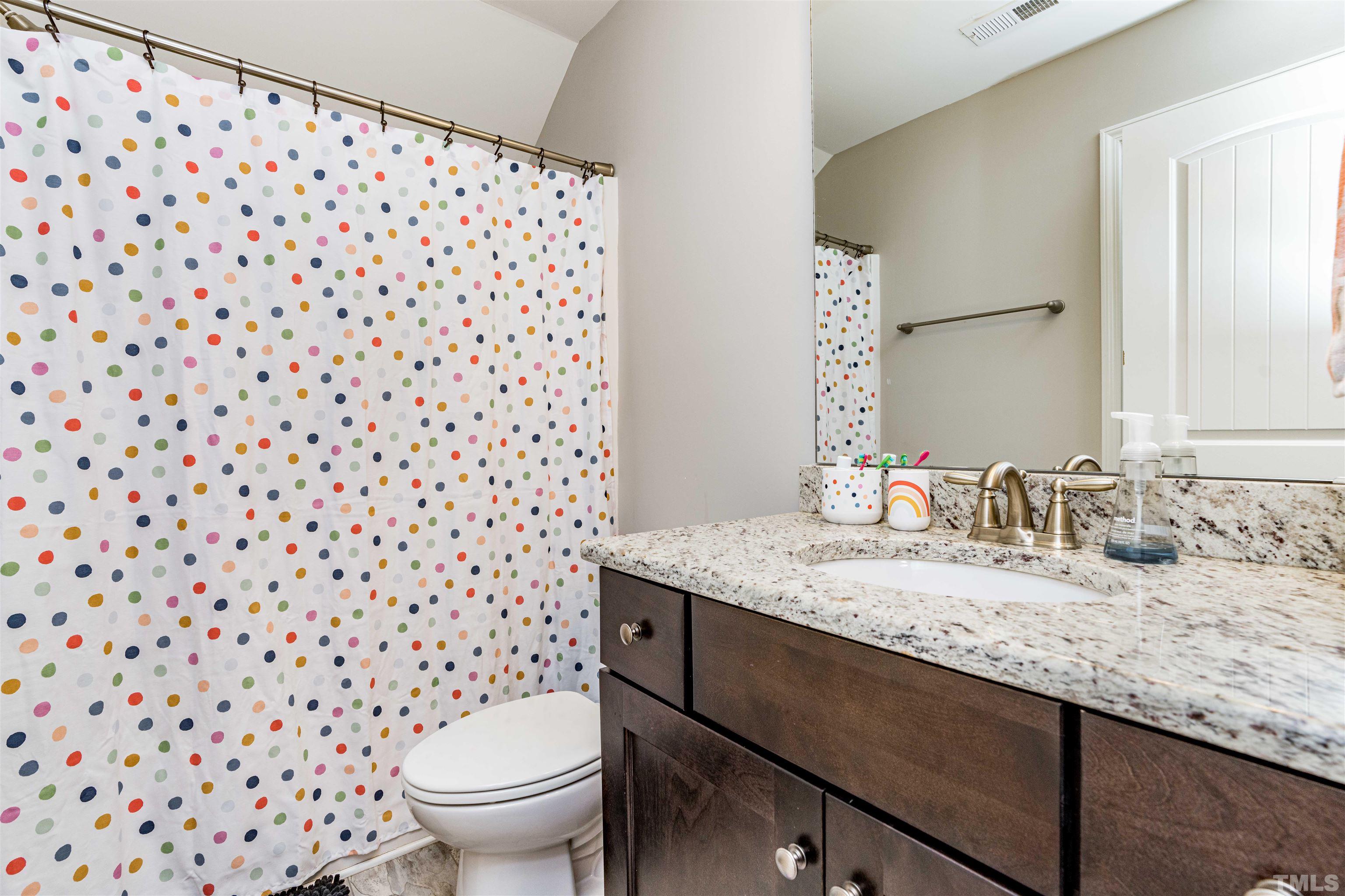 11565 Barnes Road Middlesex, NC 27557 - Photo 23 of 25 a bathroom with a granite countertop sink a toilet and a mirror