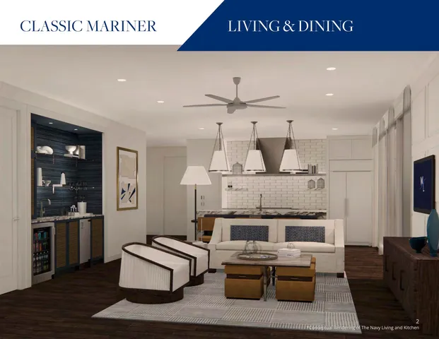 a living room with furniture and kitchen view