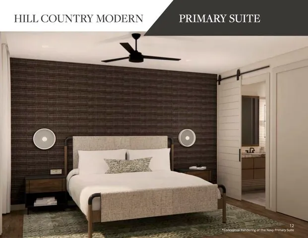 a bedroom with a bed and a table