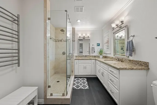 a bathroom with a granite countertop sink mirror and a shower