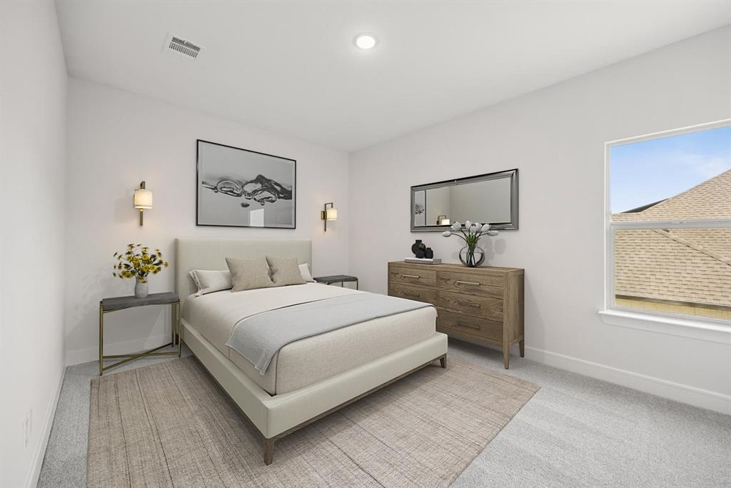 1317 Benjamin Trail Van Alstyne, TX 75495 - Photo 17 of 29 a bedroom with a large bed and a chandelier