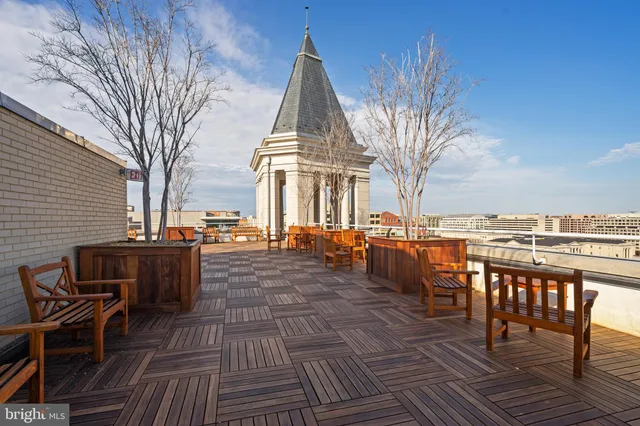 an outdoor space with seating