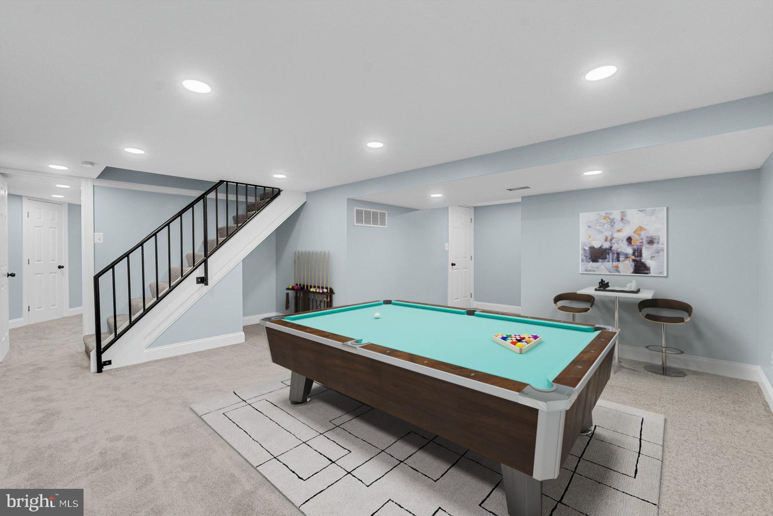 Virtually staged basement family room