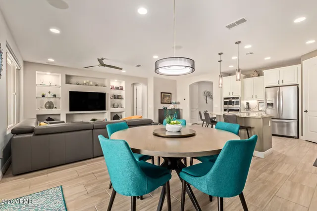 a view of a dining room with furniture