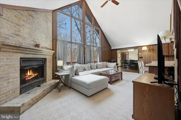 a living room with a fireplace