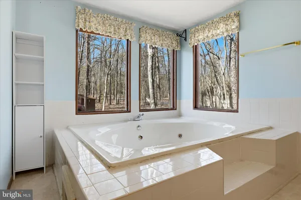 a view of an empty room with windows and closet