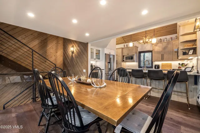 a view of a dining room with furniture