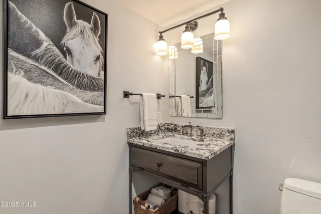 a bathroom with a sink vanity and a mirror
