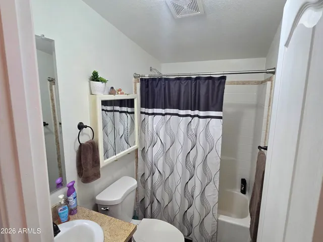 a bathroom with a toilet and a shower curtain