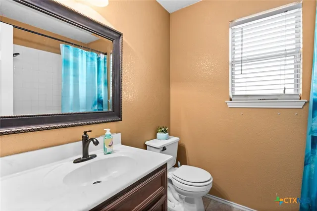 a bathroom with a sink a toilet and a mirror