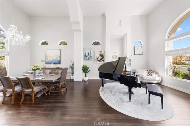 a dining room with furniture potted plants and wooden floor