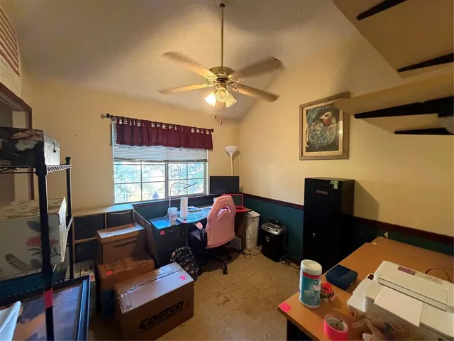 a living room with furniture a ceiling fan and a window