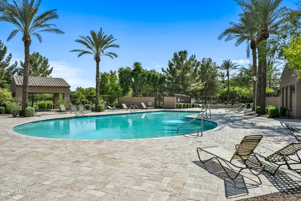 a view of a swimming pool with a yard and palm trees