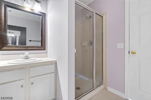 a bathroom with a shower sink and mirror