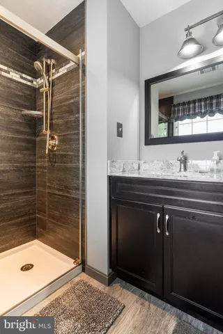 a bathroom with a sink and a shower