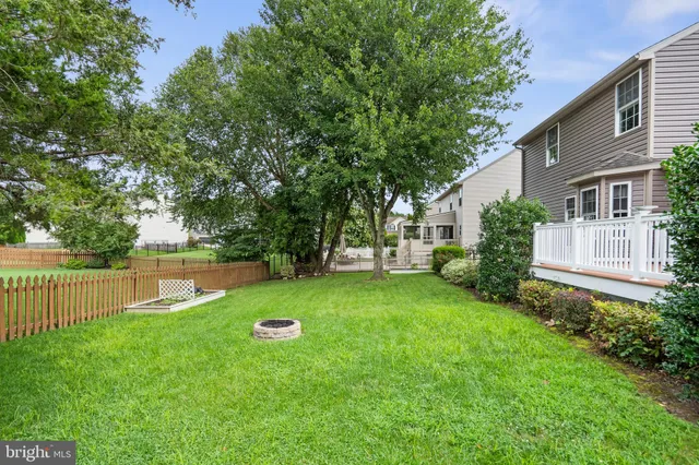 a backyard of a house with plants and large tree