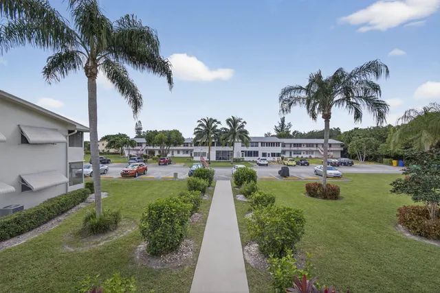 a view of a swimming pool with a garden and palm trees