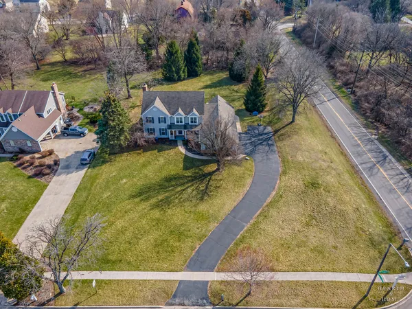 a aerial view of a house with swimming pool and large trees