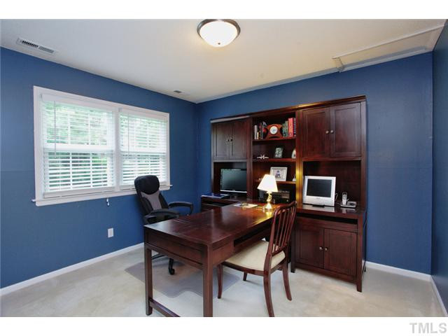 220 Bayleaf Drive Raleigh, NC 27615 - Photo 16 of 25 This bedroom is being used as an office. It also has 2" blinds and an updated light fixture. The carpets have been freshly cleaned as well. Bedroom